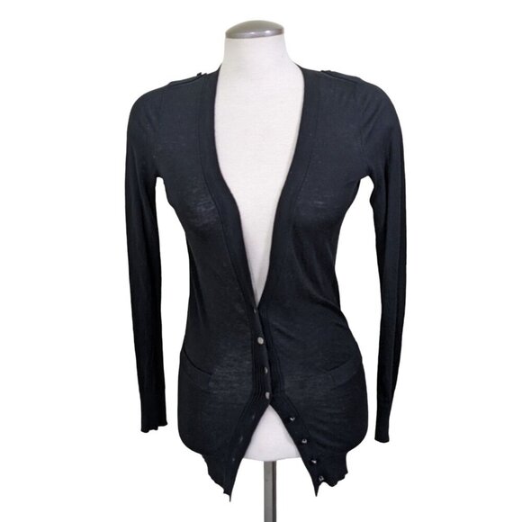 Club Monaco Cardigan Womens XS Black Button Pockets Epaulettes Silk Blend Light - Picture 1 of 6